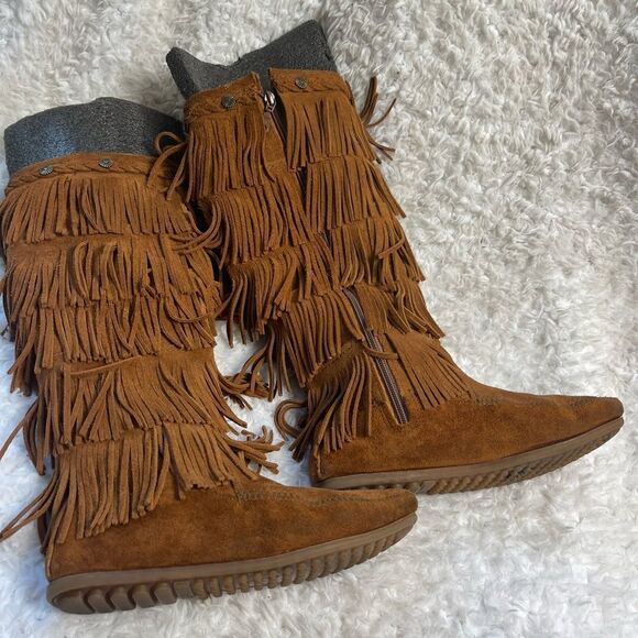 MINNETONKA Brown leather suede3 layer Tier Fringe Moccasin Boots side zipper SZ7 - Picture 5 of 10